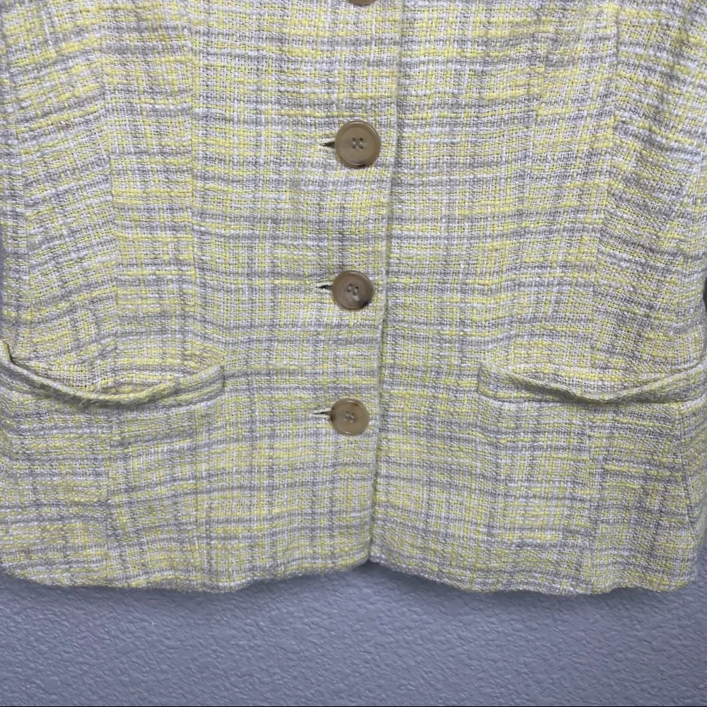 Theory Size 2 Tweed Blazer Jacket Yellow Plaid Cotton Single Breasted Pockets - Picture 4 of 8